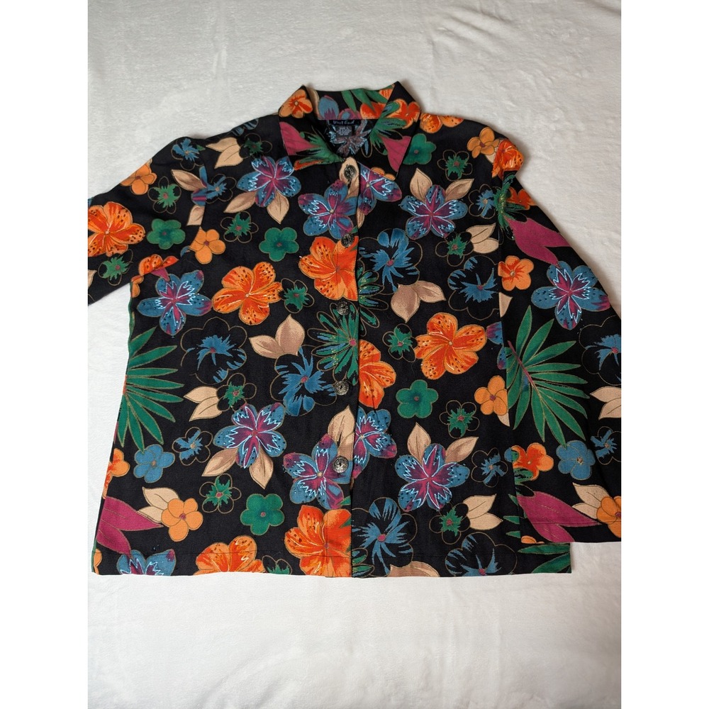 West End Floral Beaded Button Shirt Black Cotton Tropical Kitschy Cottagecore